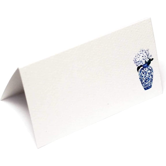 Place Cards with Blue  White jar with White Flowers. Table Tent , Scored for Easy Folding. Available in Pkgs of 12/25 / 50 (12)