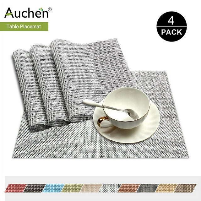 Place Mat Gray Table Mats Set of 4, PVC Table Mats, Vinyl Non-Slip Insulation Dinner Mat, Rectangle 12"×18" Washable Vintage Woven Placemats for Dining Kitchen Restaurant Table – Gray