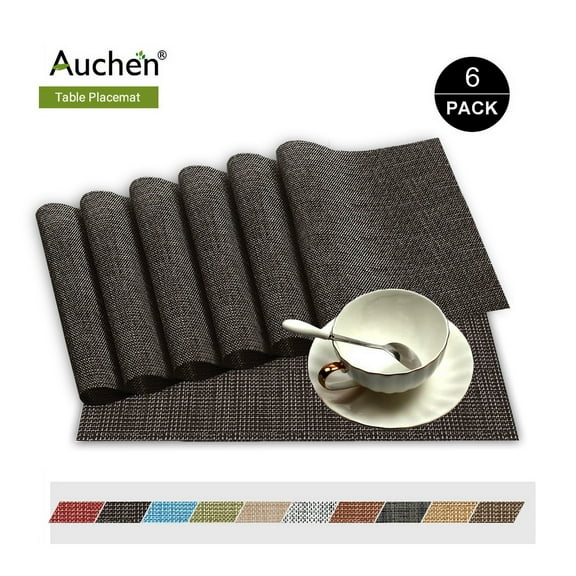 Place Mat Gray Table Mats Set of 6, PVC Table Mats, Vinyl Non-Slip Insulation Dinner Mat, Rectangle 12"×18" Washable Vintage Woven Placemats for Dining Kitchen Restaurant Table