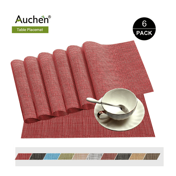 Place Mat Gray Table Mats Set of 6, PVC Table Mats, Vinyl Non-Slip Insulation Dinner Mat, Rectangle 12"×18" Washable Vintage Woven Placemats for Dining Kitchen Restaurant Table
