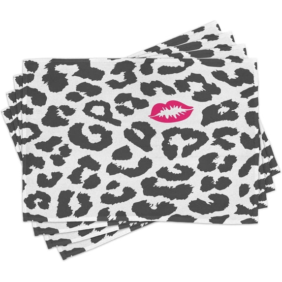 Place Mats Set of 4, Leopard Cheetah Animal Print Kiss Shape Lipstick Mark Dotted Trend Art, Washable Fabric Placemats for Dining Table, Standard Size, Black Pink