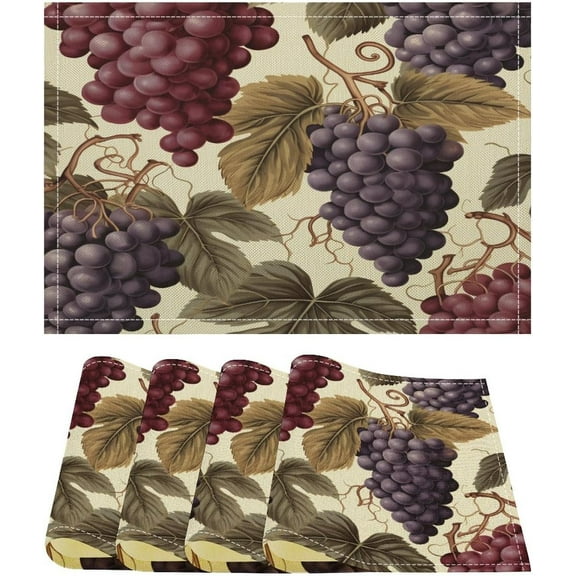 Place Mats Set of 4, Vintage Grape Cotton Linen Table Mat Grape Floral Retro Kitchen Table Mats Non-Slip Heat Resistant Table Mats Centerpiece for Dining Table for Christmas Holiday and Winter
