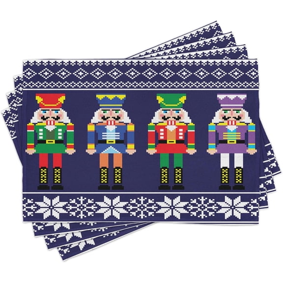 Place Mats Set of 8, Colorful Retro Style Pattern with Xmas and Scandinavian Motifs, Washable Fabric Placemats for Dining Table, Placemat 8 pcs, Indigo White