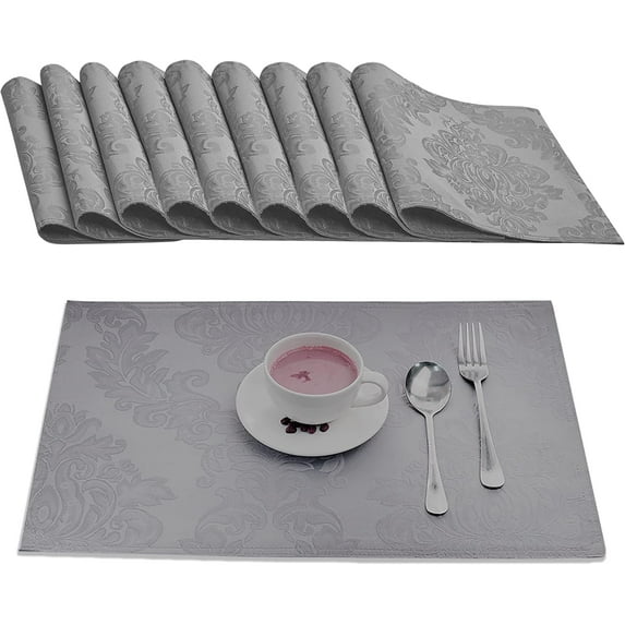 Place Mats Set of 8 Rectangle Rectangular Waterproof Fabric Polyester Cloth Washable Wipeable Heat Resistant Placemats for Kitchen Dining Dinner Table Indoor 13 X 19 Inch Grey