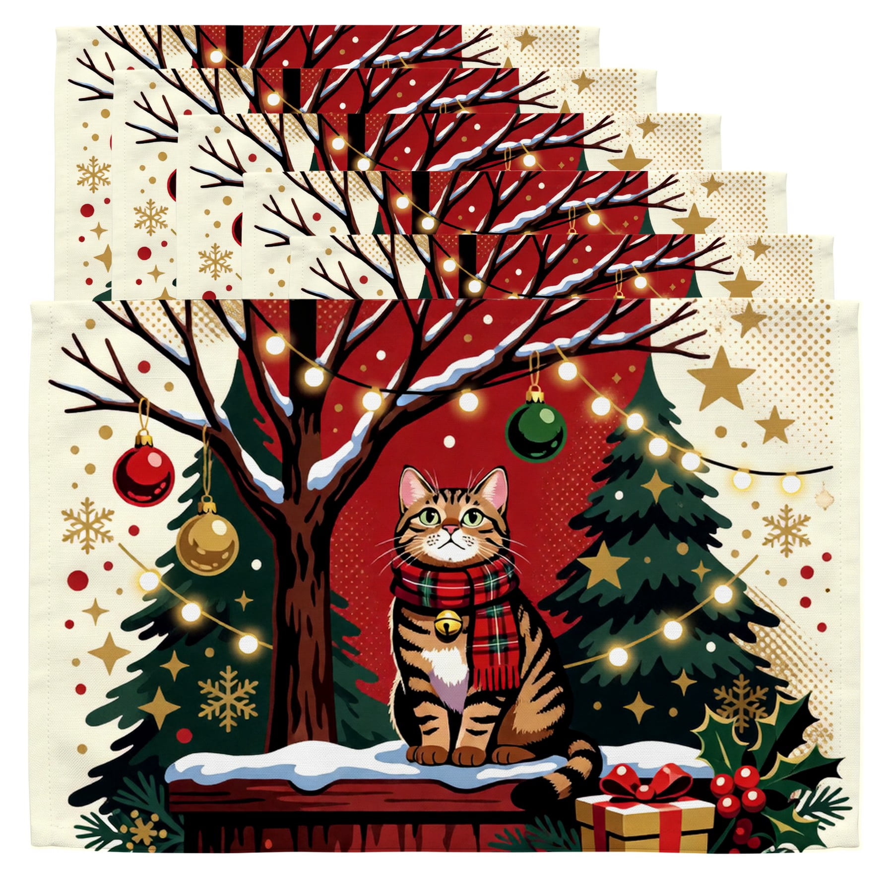 Place Mats for Christmas A cat sitting on a table in front of Christmas ...