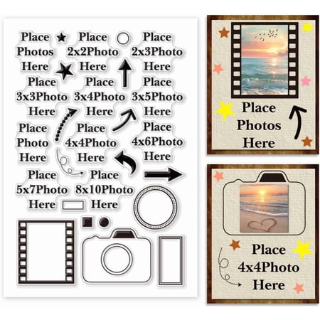 Place Photo Here Clear Stamp Arrow Silicone Stamp Camera Rubber Stamp Image Frame Transparent Stamp Picture Size Seal Stamp for Album Scrapbooking Card Making DIY Craft 6.2x4.3 Inch