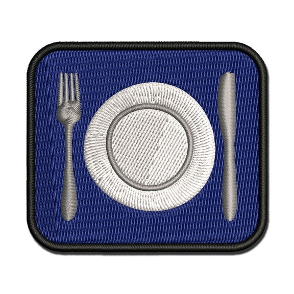 Place Setting Fork Knife Plate Utensil Eating Sketch Applique Multi-Color Embroidered Iron-On Patch - 2.0 Inch Mini