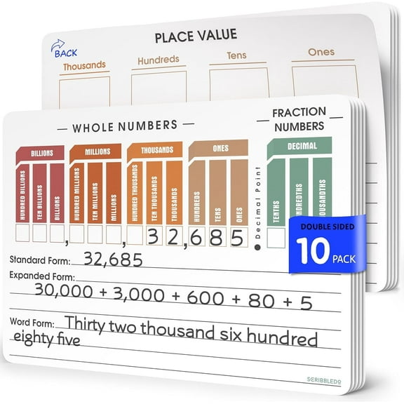 Scribbledo Place Value Chart Dry Erase Sheets, Small Whiteboard Math Manipulatives, 9 x 12, 10 Pack
