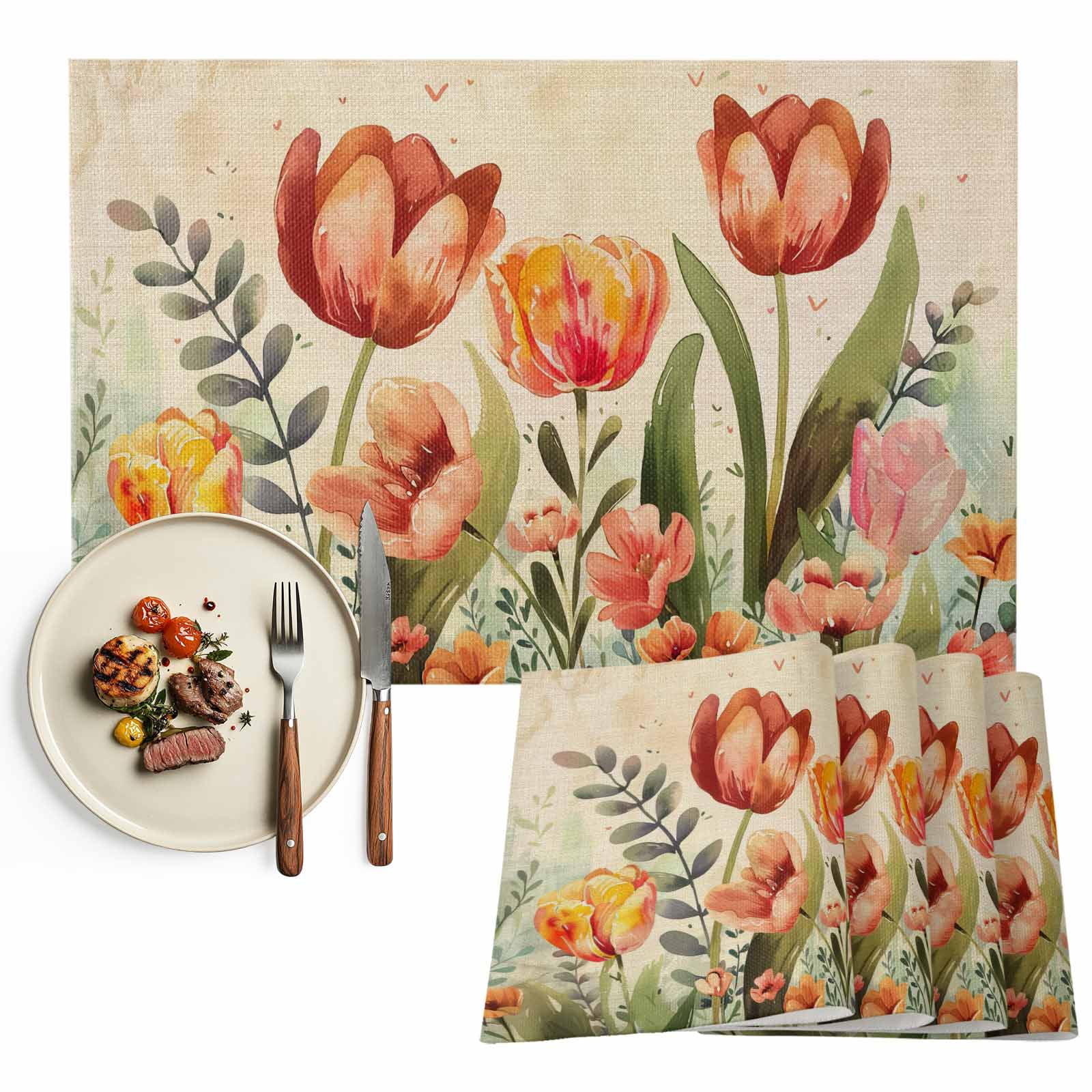 Placemat Orange Tulip Flower Floral Placemats for Dining Table Leaves ...