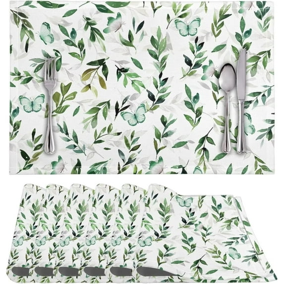Placemat PVC Weave Table Mats Set of 6, Durable Scratch Resistant Waterproof Oil-Proof Dining Table Heat Stain Resistant Placemats for Home Decoration, Green Leaf Butterfly