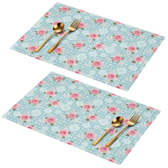 Placemat, Pioneer Flower Floral Print Pattern Place Mats Table Mat Set Of 2, PVC Washable Placemats for Party Kitchen Dining Decoration, 18x12 Inch, Fade Resistant