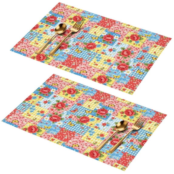 Placemat, Pioneer Flower Floral Print Pattern Place Mats Table Mat Set Of 2, PVC Washable Placemats for Party Kitchen Dining Decoration, 18x12 Inch, Fade Resistant