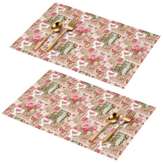 Placemat, Pioneer Flower Floral Print Pattern Place Mats Table Mat Set Of 2, PVC Washable Placemats for Party Kitchen Dining Decoration, 18x12 Inch, Fade Resistant
