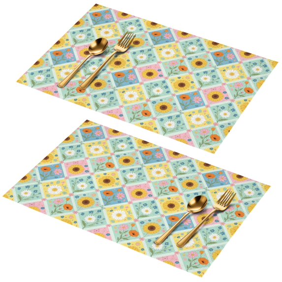 Placemat, Pioneer Flower Floral Print Pattern Place Mats Table Mat Set Of 2, PVC Washable Placemats for Party Kitchen Dining Decoration, 18x12 Inch, Fade Resistant