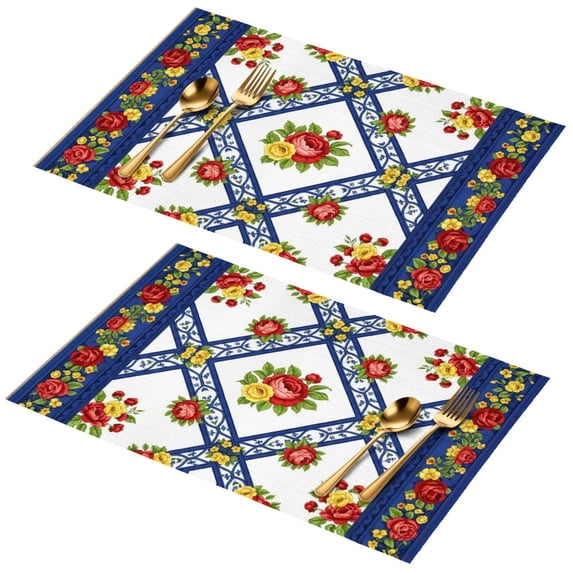 Placemat, Pioneer Flower Floral Print Pattern Place Mats Table Mat Set Of 2, PVC Washable Placemats for Party Kitchen Dining Decoration, 18x12 Inch, Fade Resistant