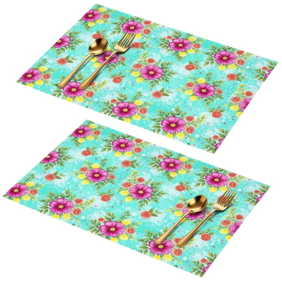Placemat, Pioneer Flower Floral Print Pattern Place Mats Table Mat Set Of 2, PVC Washable Placemats for Party Kitchen Dining Decoration, 18x12 Inch, Fade Resistant