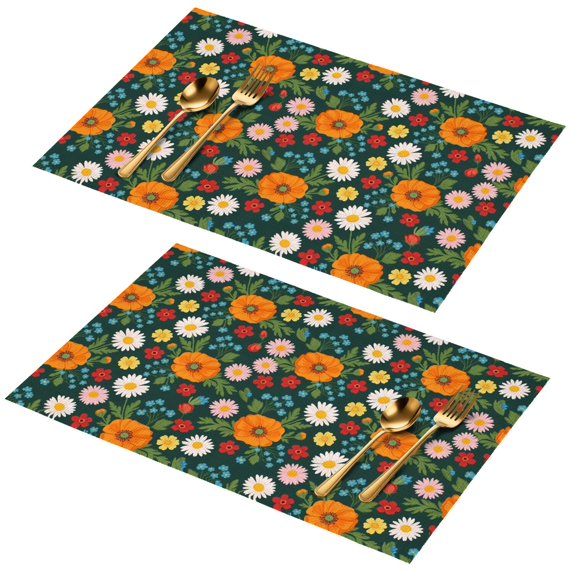 Placemat, Pioneer Flower Floral Print Pattern Place Mats Table Mat Set Of 2, PVC Washable Placemats for Party Kitchen Dining Decoration, 18x12 Inch, Fade Resistant