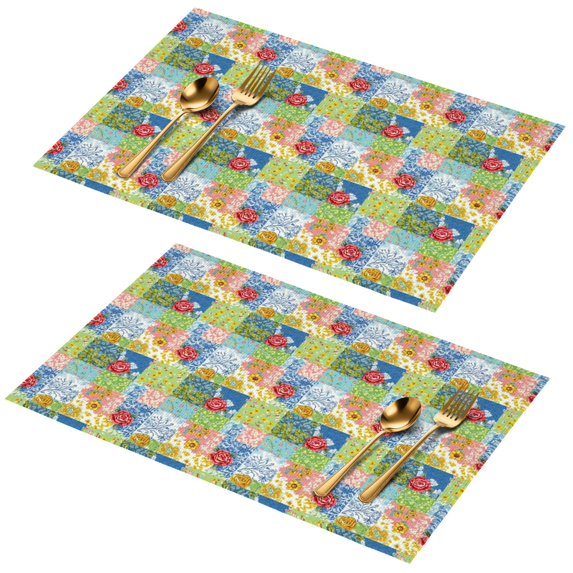 Placemat, Pioneer Flower Floral Print Pattern Place Mats Table Mat Set Of 2, PVC Washable Placemats for Party Kitchen Dining Decoration, 18x12 Inch, Fade Resistant