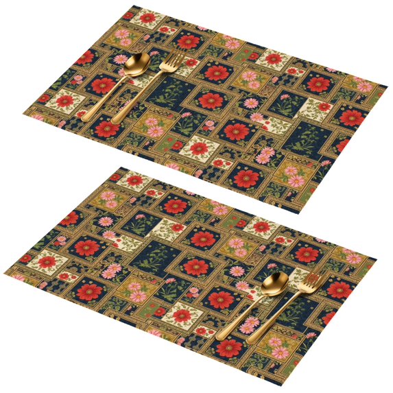 Placemat, Pioneer Flower Floral Print Pattern Place Mats Table Mat Set Of 2, PVC Washable Placemats for Party Kitchen Dining Decoration, 18x12 Inch, Fade Resistant