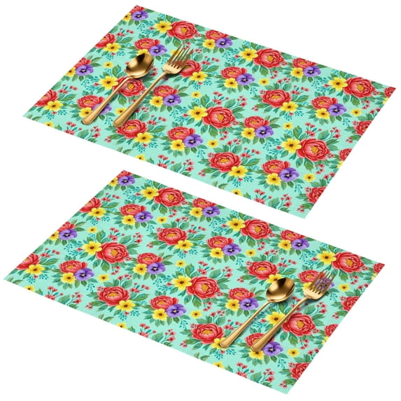 Placemat, Pioneer Flower Floral Print Pattern Place Mats Table Mat Set Of 2, PVC Washable Placemats for Party Kitchen Dining Decoration, 18x12 Inch, Fade Resistant