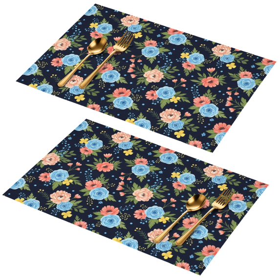 Placemat, Pioneer Flower Floral Print Pattern Place Mats Table Mat Set Of 2, PVC Washable Placemats for Party Kitchen Dining Decoration, 18x12 Inch, Fade Resistant