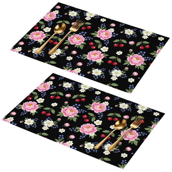 Placemat, Pioneer Flower Floral Print Pattern Place Mats Table Mat Set Of 2, PVC Washable Placemats for Party Kitchen Dining Decoration, 18x12 Inch, Fade Resistant