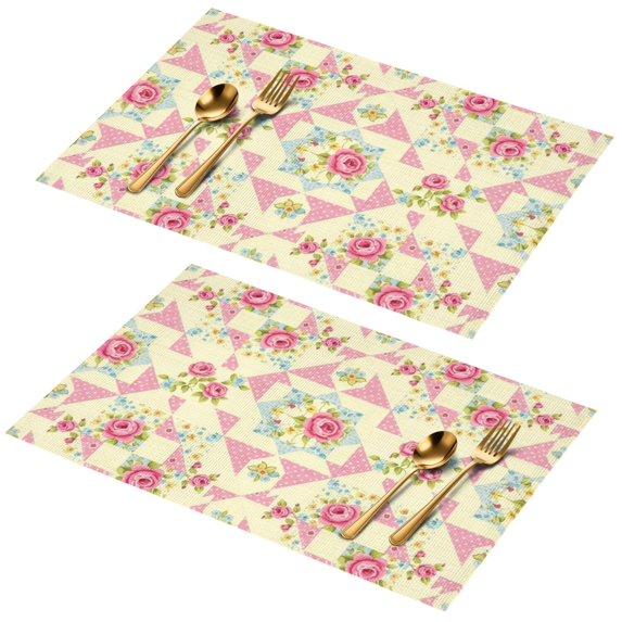 Placemat, Pioneer Flower Floral Print Pattern Place Mats Table Mat Set Of 2, PVC Washable Placemats for Party Kitchen Dining Decoration, 18x12 Inch, Fade Resistant
