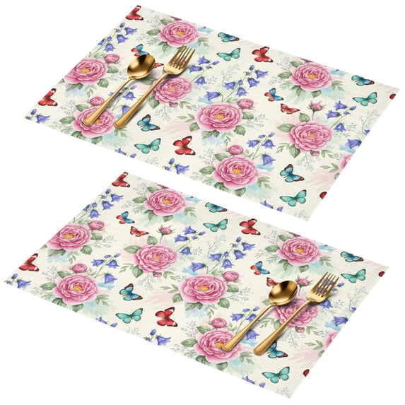 Placemat, Pioneer Flower Floral Print Pattern Place Mats Table Mat Set Of 2, PVC Washable Placemats for Party Kitchen Dining Decoration, 18x12 Inch, Fade Resistant