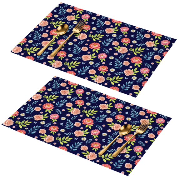 Placemat, Pioneer Flower Floral Print Pattern Place Mats Table Mat Set Of 2, PVC Washable Placemats for Party Kitchen Dining Decoration, 18x12 Inch, Fade Resistant