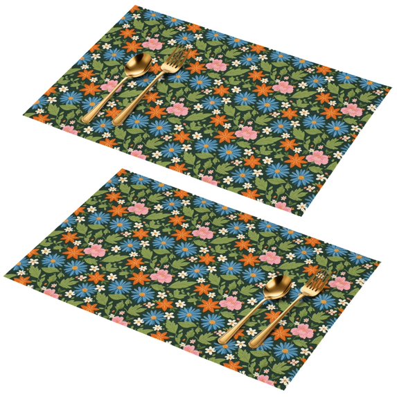 Placemat, Pioneer Flower Floral Print Pattern Place Mats Table Mat Set Of 2, PVC Washable Placemats for Party Kitchen Dining Decoration, 18x12 Inch, Fade Resistant