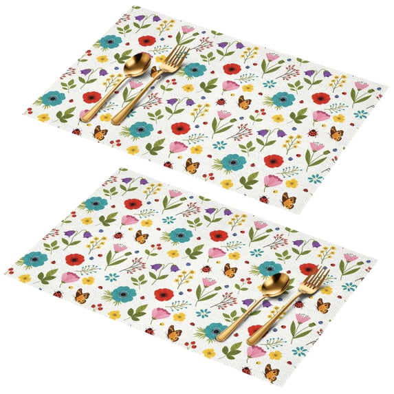 Placemat, Pioneer Flower Floral Print Pattern Place Mats Table Mat Set Of 2, PVC Washable Placemats for Party Kitchen Dining Decoration, 18x12 Inch, Fade Resistant