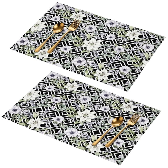 Placemat, Pioneer Flower Floral Print Pattern Place Mats Table Mat Set Of 2, PVC Washable Placemats for Party Kitchen Dining Decoration, 18x12 Inch, Fade Resistant