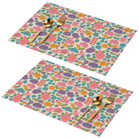 Placemat, Pioneer Flower Floral Print Pattern Place Mats Table Mat Set Of 2, PVC Washable Placemats for Party Kitchen Dining Decoration, 18x12 Inch, Fade Resistant