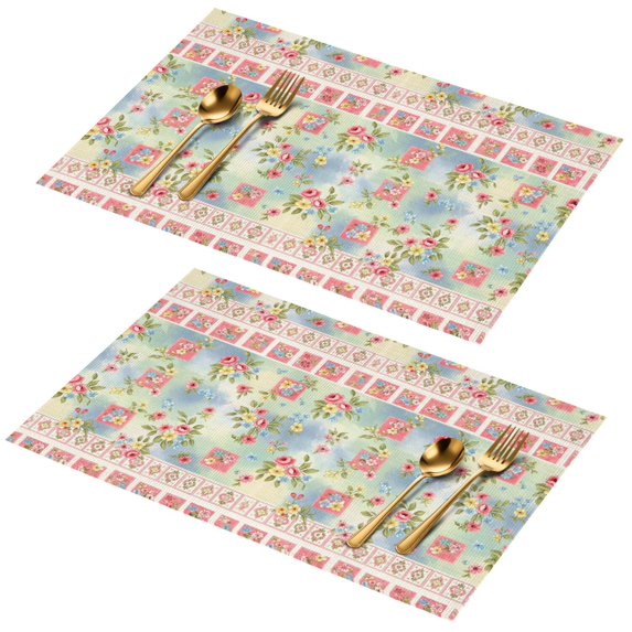 Placemat, Pioneer Flower Floral Print Pattern Place Mats Table Mat Set Of 2, PVC Washable Placemats for Party Kitchen Dining Decoration, 18x12 Inch, Fade Resistant