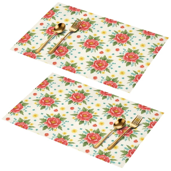 Placemat, Pioneer Flower Floral Print Pattern Place Mats Table Mat Set Of 2, PVC Washable Placemats for Party Kitchen Dining Decoration, 18x12 Inch, Fade Resistant