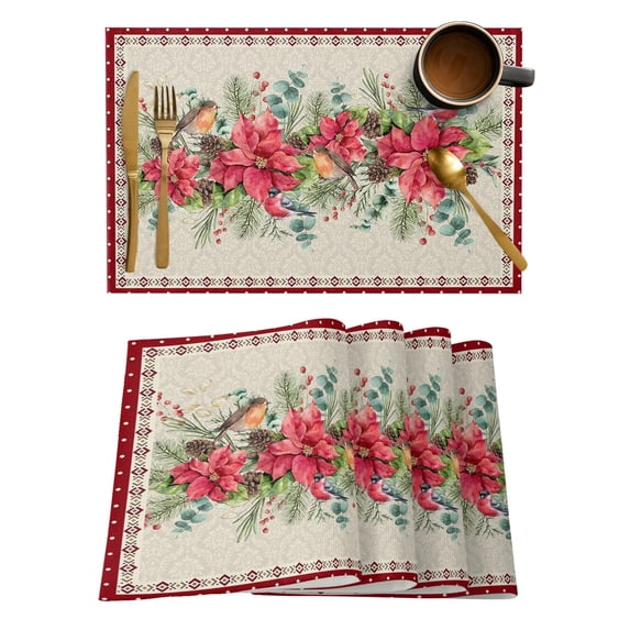 Placemat Poinsettia Christmas Flower 4/6pcs Table Pad Mats for Dining Table Home Kitchen r Accessories Linen Coaster