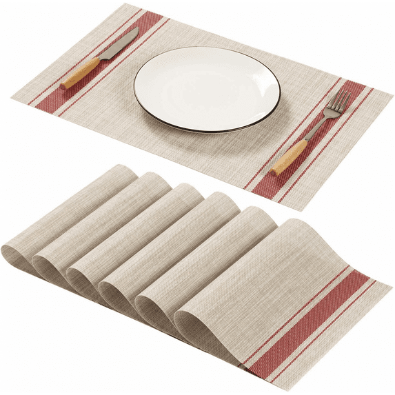Placemat, SENCU placemat (set of 6) Washable machine woven vinyl non-slip placemat, heat resistant placemat, easy to clean (beige and Red)