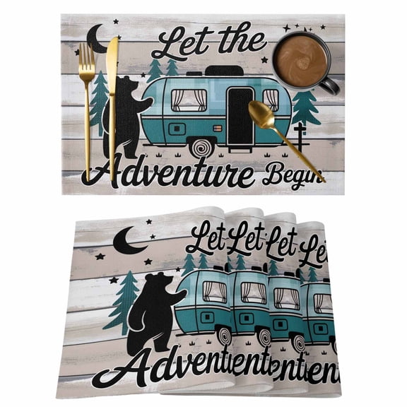 Placemat Set of 4 Adventure Bear Camper Van Placemats for Dining Table Retro Forest Wood Grain Washable Table Mats for Kitchen and Party Decor Indoor & Outdoor Use