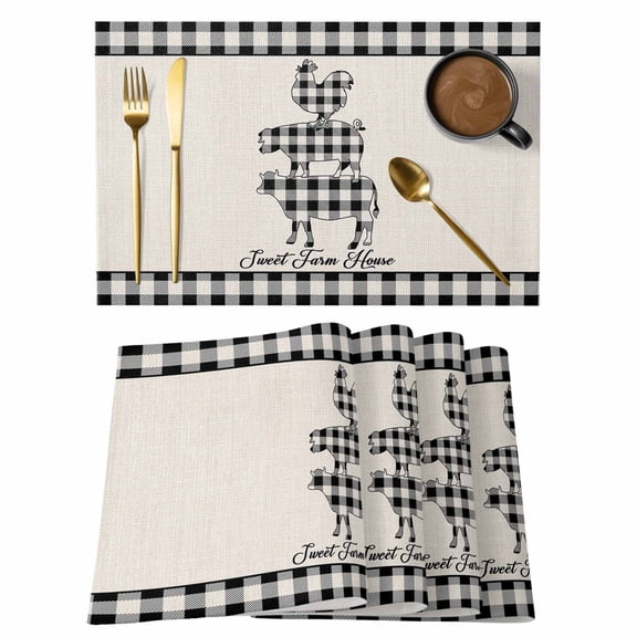 Placemat Set of 4 Chicken Pig Cow Buffalo Check Placemats for Dining Table Sweet Farm House Plaid Side Washable Table Mats for Kitchen and Party Decor Indoor & Outdoor Use