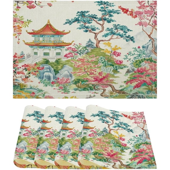 Placemat Set of 4, Chinoiserie Chic Asian Pagoda Cotton Linen Table Mat Chic Asian Scenic Kitchen Table Mats Decoration for Kitchen Dining Table Holiday Decoration Rustic Vintage