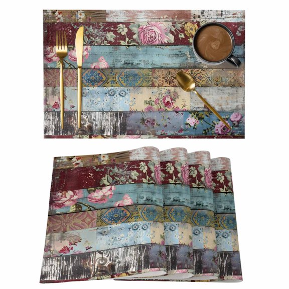 Placemat Set of 4 Floral Texture Placemats for Dining Table Rustic Vintage Wood Grain Washable Table Mats for Kitchen and Party Decor Indoor & Outdoor Use