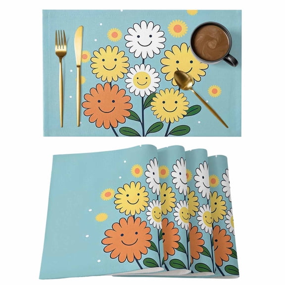 Placemat Set of 4 Flowers Placemats for Dining Table Abstract Smile Face Yellow White Floral Washable Table Mats for Kitchen and Party Decor Indoor & Outdoor Use