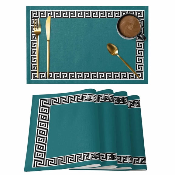 Placemat Set of 4 Geometric Greek Key Design Placemats for Dining Table Teal Green Washable Table Mats for Kitchen and Party Decor Indoor & Outdoor Use