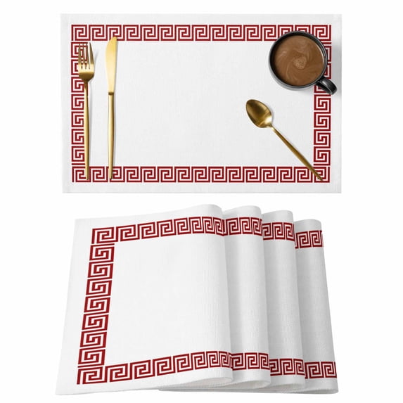 Placemat Set of 4 Geometric Red Greek Key Design Placemats for Dining Table White Washable Table Mats for Kitchen and Party Decor Indoor & Outdoor Use