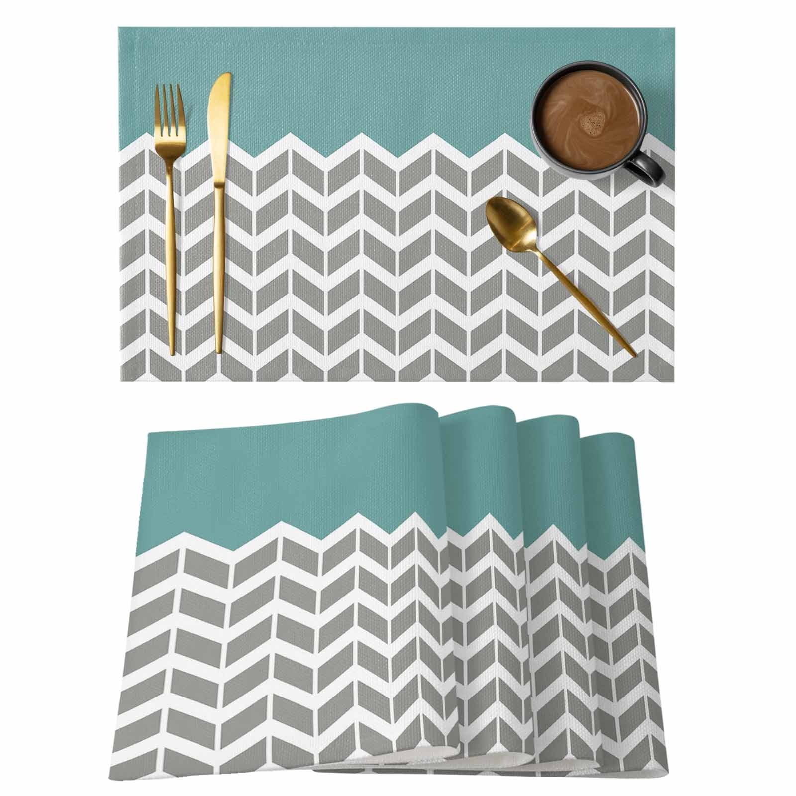 Placemat Set of 4 Herringbone Pattern Placemats for Dining Table Vintage Turquoise Grey Washable Table Mats for Kitchen and Party Decor Indoor & Outdoor Use