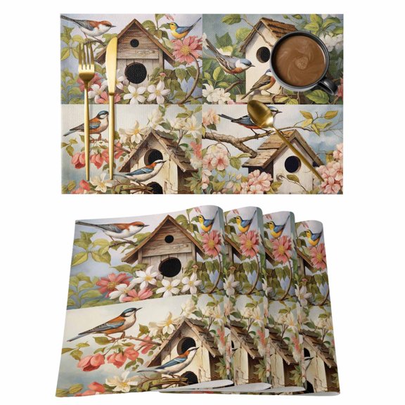 Placemat Set of 4 Hummingbird Magpie Placemats for Dining Table Bird's Nest Spring Flowers Branch Washable Table Mats for Kitchen and Party Decor Indoor & Outdoor Use