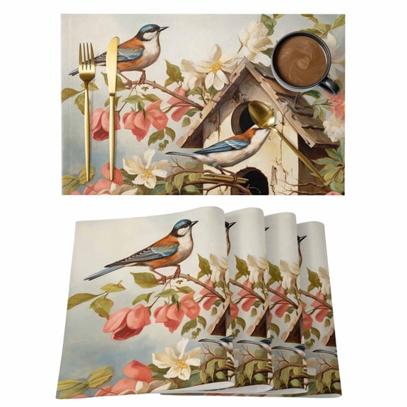 Placemat Set of 4 Hummingbird Magpie Placemats for Dining Table Wood Bird's Nest Spring Flower Washable Table Mats for Kitchen and Party Decor Indoor & Outdoor Use