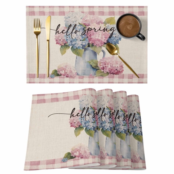 Placemat Set of 4 Hydrangea Spring Vase Placemats for Dining Table Hello Pink Buffalo Plaid Washable Table Mats for Kitchen and Party Decor Indoor & Outdoor Use