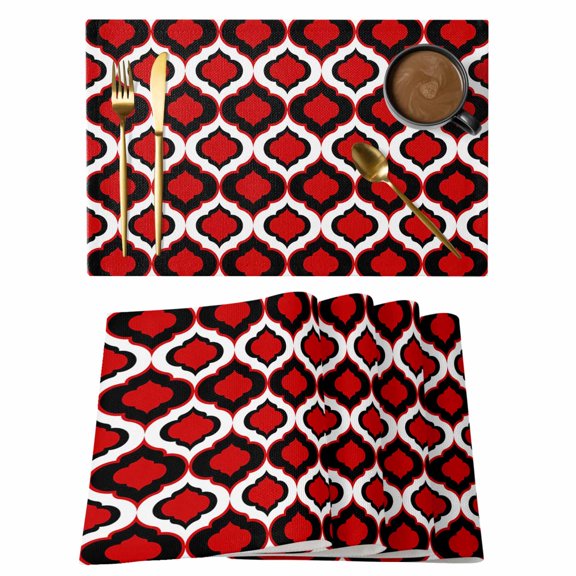 Placemat Set of 4 Moroccan Pattern Placemats for Dining Table Black Red Geometric Trellis Washable Table Mats for Kitchen and Party Decor Indoor & Outdoor Use