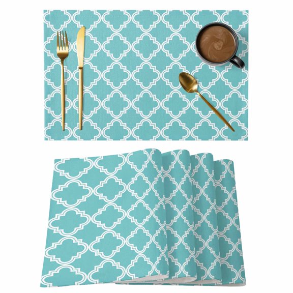 Placemat Set of 4 Moroccan Pattern Placemats for Dining Table Geometric Trellis Cyan Blue Washable Table Mats for Kitchen and Party Decor Indoor & Outdoor Use